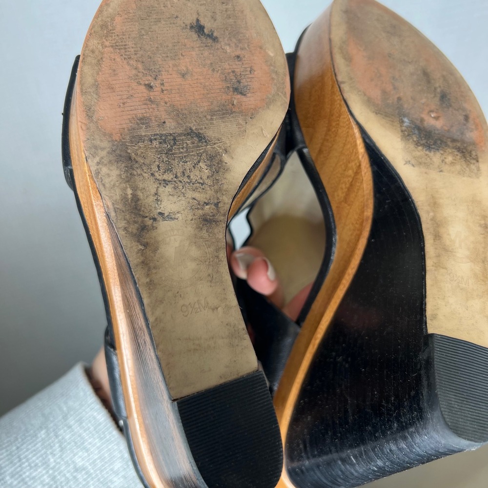 Michael Kors Black Leather Wooden Wedge Slingback Heels Women Size 9.5 - Picture 5 of 8